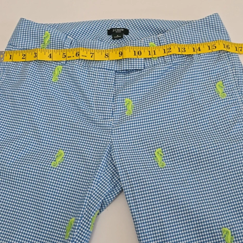 J. Crew Women's Blue Gingham Embroidered Seahorse Flare Stretch Pants Size 2